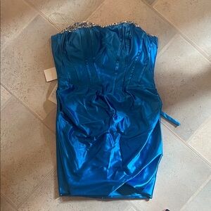 Strapless Blue Satin Dress with Embellished Neckline